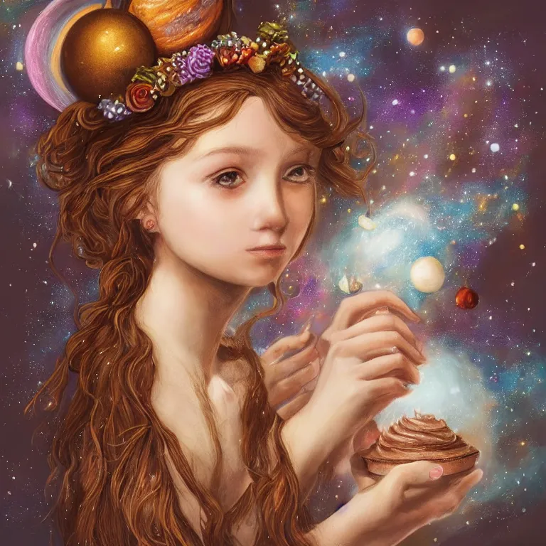 Image similar to a beautiful portrait of a singular inspirit girl on whose head a space and cosmic places like ganache, planets like a whipped frosting or filling made with semisweet chocolate and cream, used for cakes, pastries, and candies, highly detailed, fantasy art, art work