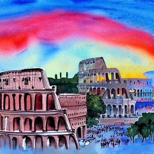 Prompt: skyline of rome with colosseum at sunset, watercolor art
