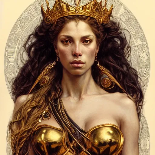 Image similar to highly detailed portrait of a majestic lioness queen in the form of a beautiful woman. d & d. art by eugene delacroix, donato giancola, anna dittmann, arthur adams. trending on artstation, intricate details, energetic composition, golden ratio, concept art, illustration, elegant art, global illuminaition