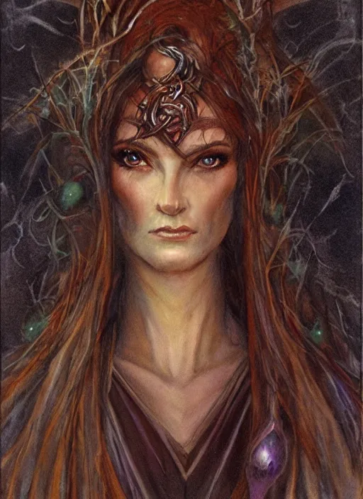 Image similar to portrait of lithe female sorceress of the fey, beautiful! coherent! dungeons and dragons character, by brian froud, strong line, night color, high contrast