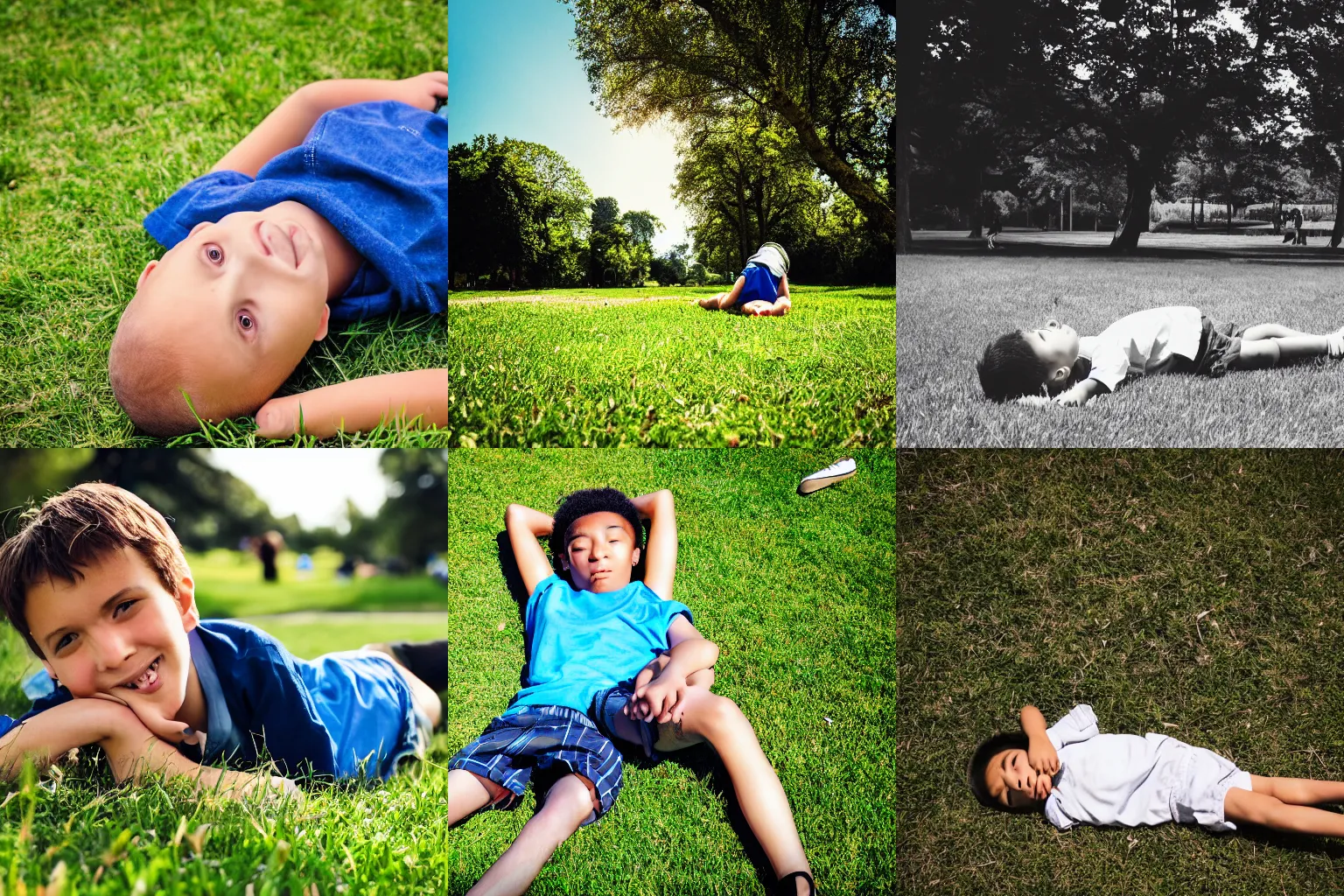 Prompt: A photograph of a boy laying on the grass in a park on a sunny summer day