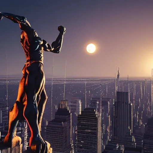 Prompt: a still from the live action film based on the 9 0 s series gargoyles, featuring the hero goliath, posed on top of a building at night, urban, full moon, skyline, new york city, highly detailed, live action cg render