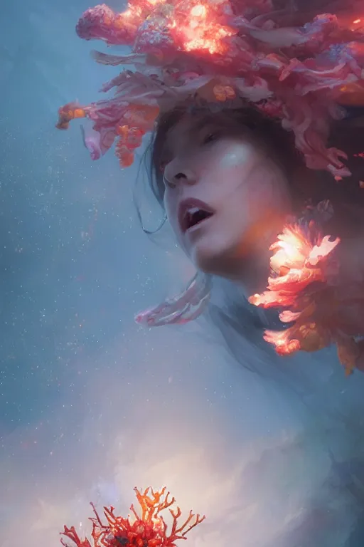 Image similar to face closeup of beautiful girl exploding into coral reef and fire, 3 d render, hyper realistic detailed portrait, holding magic flowers, ruan jia, wlop. scifi, fantasy, hyper detailed, octane render, concept art, by peter mohrbacher, by wlop, by ruan jia