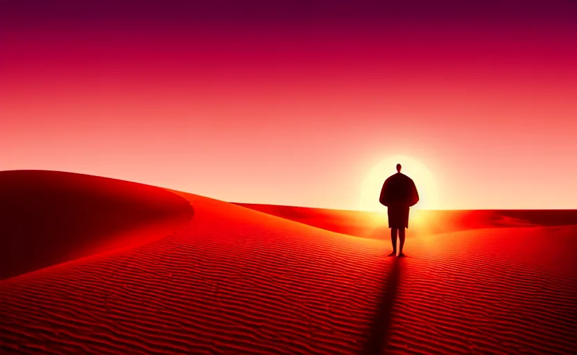 Prompt: a man on a sand dune, silhouetted against the horizon, desert landscape, simple robe blowing in the wind, sun setting, orange and red sky, detailed, futuristic, volumetric light, intricate, detailed, photorealistic imagery, artstation