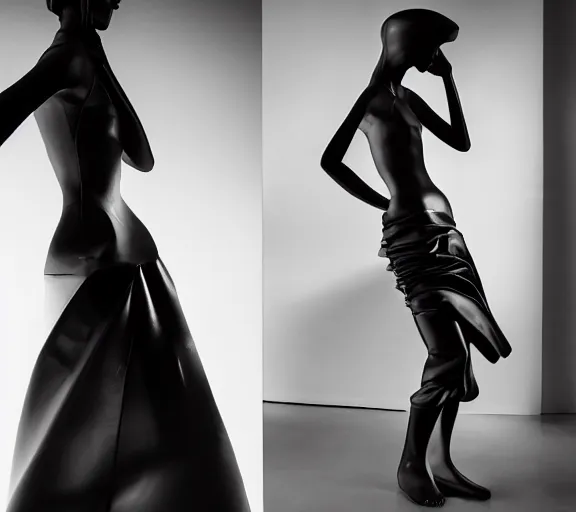 Image similar to extremely beautiful well lit fashion photo of a female statue wearing a neoprene asymmetrical ballgown in the style of rei kawakubo, yohji yamamoto, japanese avant garde fashion, statue, black marble, carving, glossy, vogue, beautiful lighting, clear, sharp focus, depth of field, portrait, editorial, vogue