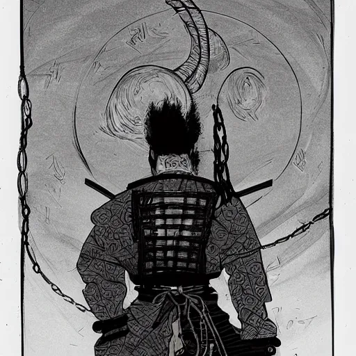 Image similar to A PORTRAIT FROM BEHIND OF A SAMURAI MAN VAGABOND WITH A MOON BEHIND HIM ,THE SAMURAI IS WRAPPED IN CHAINS ,detailed, concept art, ink style , sketch