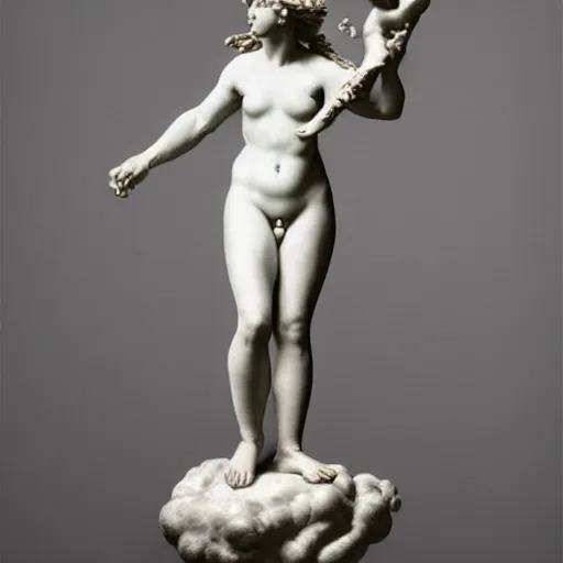 Prompt: sculpture of venus kidnapping persephone made by michelangelo, carrara marble, gray background