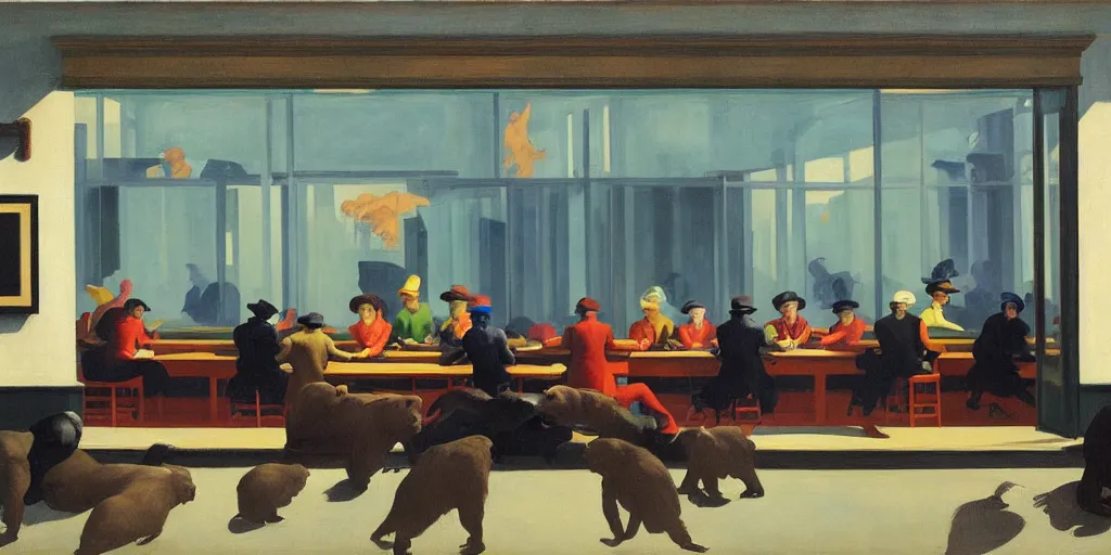 Prompt: painting, view from inside edward hopper's painting nighthawks, of a group of werebears robbing a bank, by magrirre, by neo rauch