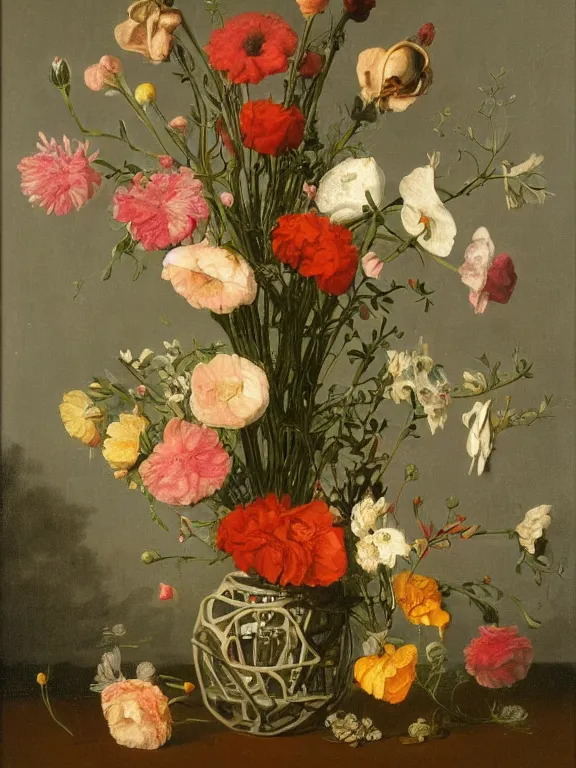 Image similar to little robotic structures that look like Vase of Flowers 1722 Jan van Huysum