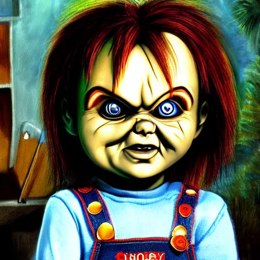 Image similar to Chucky the doll scary painting 4k detail