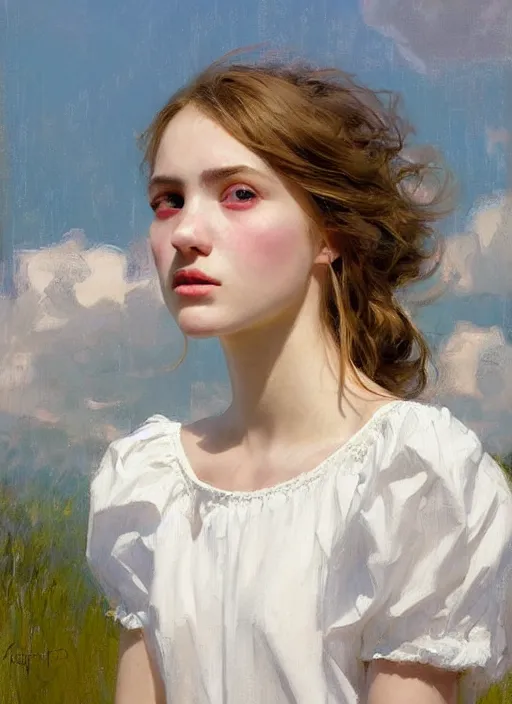 Image similar to portrait of girl dressed in white clothes , countryside, fantasy character portrait, dynamic pose, above view, view from above, sunny day, thunder clouds in the sky, artwork by Jeremy Lipkin and Giuseppe Dangelico Pino and Michael Garmash and rob rey, very coherent symmetrical artwork, perfect face, simple form, 100mm