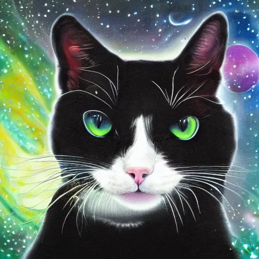 Prompt: a portrait of a beautiful black and white cat in space wearing a tuxedo with colorful bright green eyes, medium shot, hd, 8k, hyper-realism, detailed,