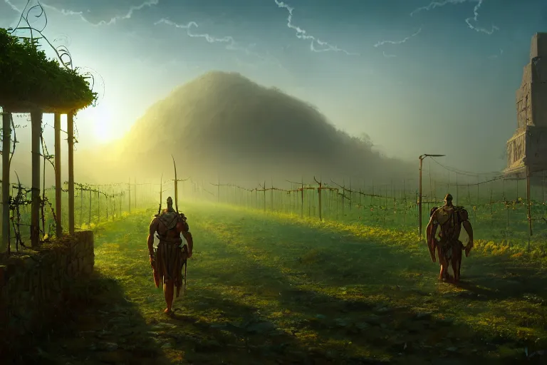 Image similar to a walking ancient city mounted on mechanical legs, vines, hyperrealistic, highly detailed, cinematic, single ray of sun, fog, beautiful, cgssociety, artstation, 8 k, oil painting