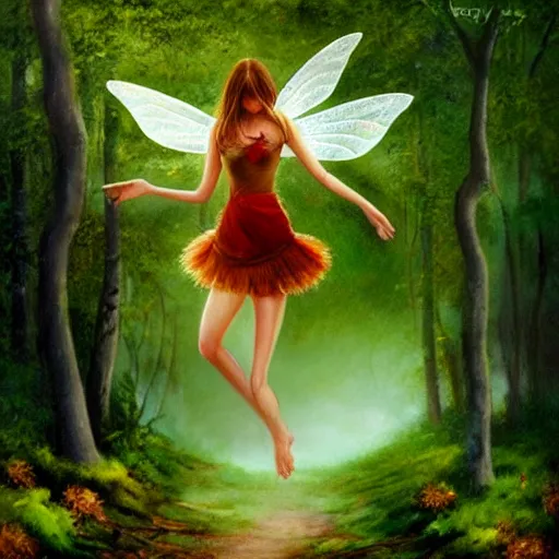 Prompt: epic oil painting of a beautiful fairy in a short skirt landing on a mushroom in the forest, moss, fog