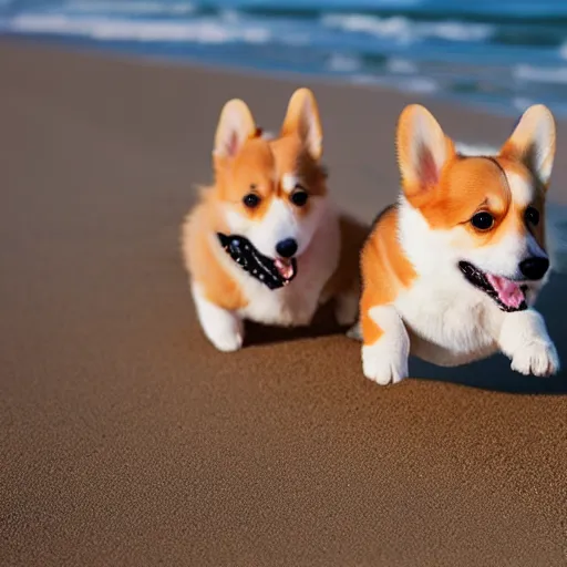 Image similar to 8k highly detailed photograph of the most adorable Corgi Puppies playing with a large beach ball on a sandy beach in California, natural sunlight,