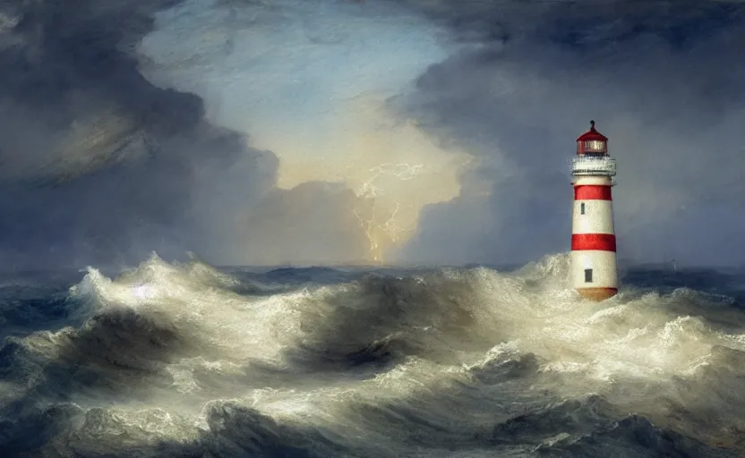 Image similar to a watercolor painting of a single lighthouse in a small rocky island during a violent storm by william turner, high quality, highly detailed, digital painting, masterpiece, turbulent sea, dramatic lighting, cinematic, centered, watercolor, william turner style, 4 k