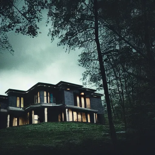 Prompt: luxury house, cinematic, filmic, photography, vignette, dark, 4 k, 8 k, ultra - hd, moody lighting, in the woods