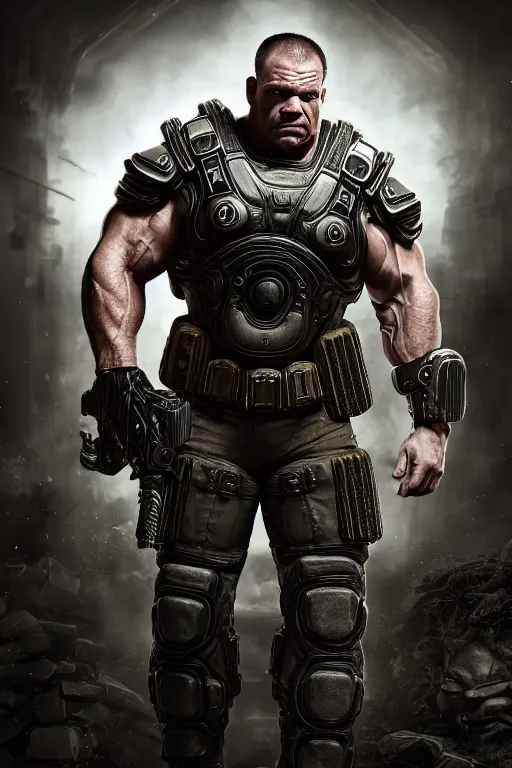 Image similar to jocko willink as a muscular Gears of War character commanding, photorealism, half body, HDR ambient background, unreal engine 5, hyperrealistic, highly detailed, XF IQ4, 150MP, 50mm, F1.4, ISO 200, 1/160s, cinematic lights, Adobe Lightroom, photolab, Affinity Photo, PhotoDirector 365, realistic