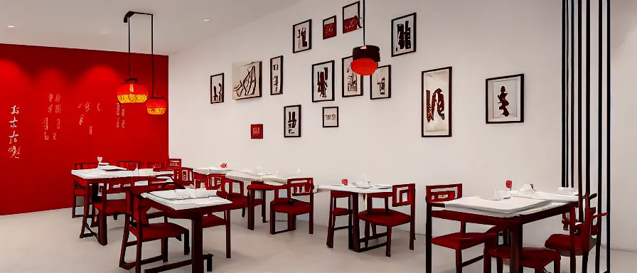 Image similar to a beautiful simple interior render of small roasted string hotpot restaurant restaurant yan'an, wall corner, from china, red paper wall and white tile floor, rectangle white porcelain table, fine simple delicate structure, chinese style, simple composition, simple style structure decoration design, victo ngai, 4 k hd