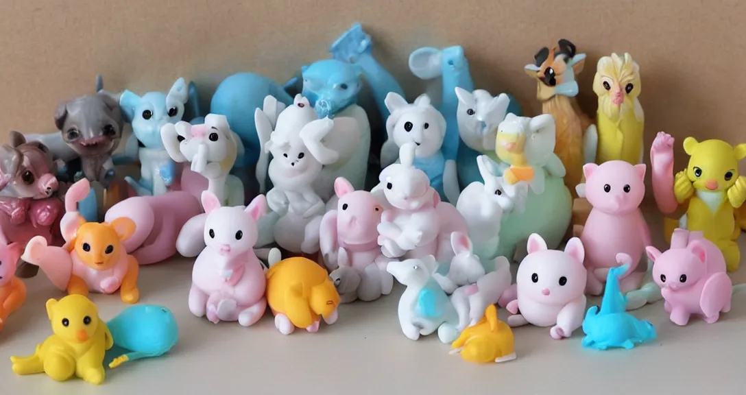 Image similar to some cute plastic toys that look like animal characters, pastel colors