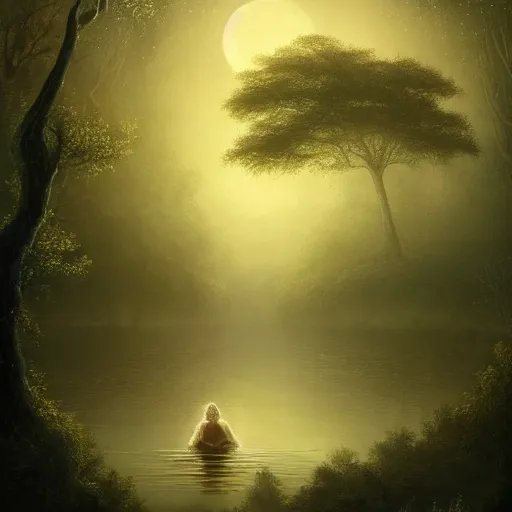 Prompt: an ultra detailed painting of a fantasy forest at night, nestled in a riverbank is gigantic ancient tree with a water sprite in a beautiful white dress sitting on the lowest bough, the moon can be seen through the trees and is veiled by fog, fog obscures the background, midnight, dark fantasy