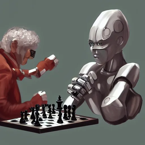 Prompt: a robot and old man played chess artstation drawn