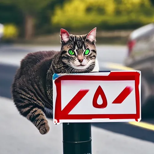 Prompt: an angry cat pointing at you while holding a stop sign at the same time