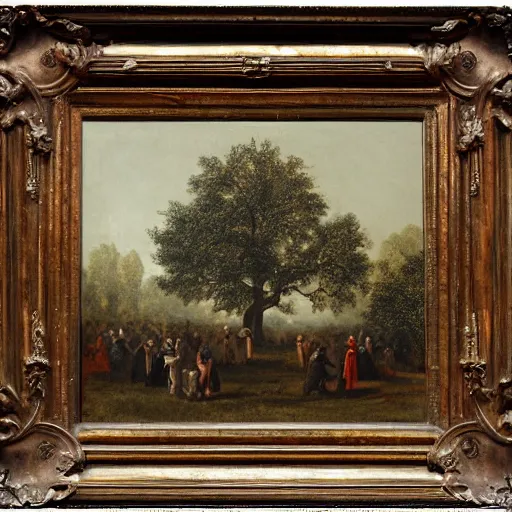 Image similar to huge tree with a lot of hanging bodies, southern gothic art, 1 9 th century scene, painted by friedrich caspar david