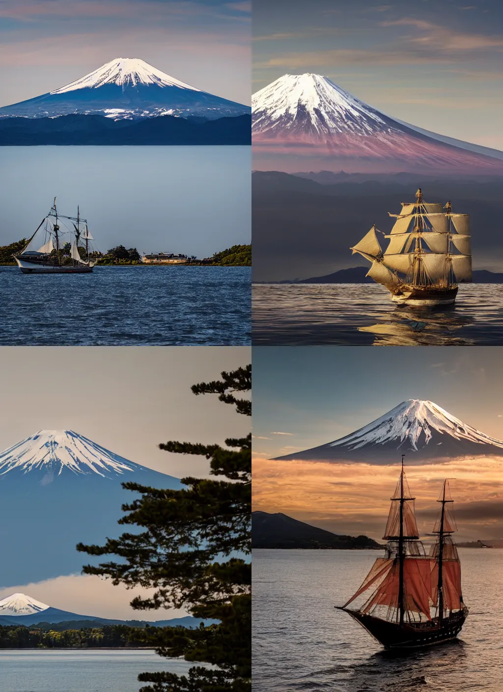 Prompt: a photograph of a galleon ship sailing in a lake. mount fuji in the background. realistic. hq. photoreal. zeiss lens. detailed. cinematic. 4K. DSLR.