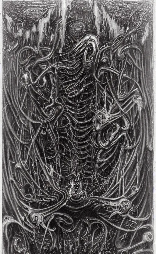 Prompt: giger gammell might matte painting, depth art insane, witchcraft patterns, pour cell painting, crimson emerald vibrant, fluorescent flesh glowing, tarot depictions of darkness evil incarnate