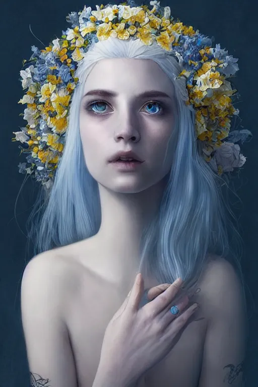 Prompt: a pale girl with white hair wears floral crown, sad blue eyes, cinematic lighting, ultra detailed, highly detailed, sharp focus, golden background with flowers, golden jewellery with blue sapphires, photographic, art by artgerm and greg rutkowski and zdislav beksinski