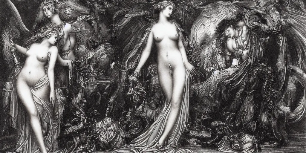 Image similar to Pygmalion and Galatea painting, steampunk, horror by Gustave Dore.