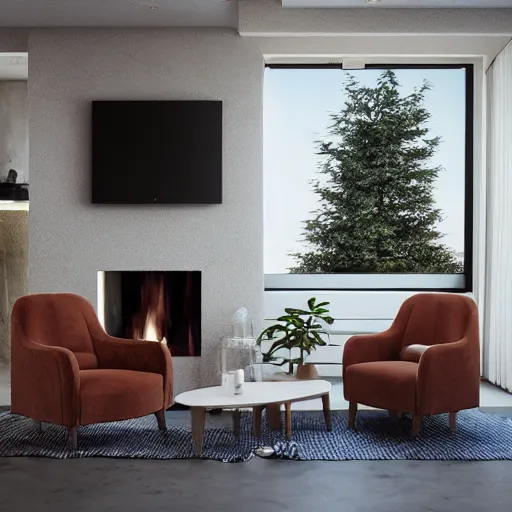 Image similar to two armchairs sitting in front of a cosy fireplace, modern home design interior, octane render, hyperrealistic, concrete archetecture, vray, volumetric lighting, cinema 4 d, unreal engine