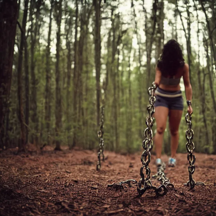 Image similar to a closeup of a woman dragging a pile of chains, in a forest, by Erik Almas, CANON Eos C300, ƒ1.8, 35mm, 8K, medium-format print