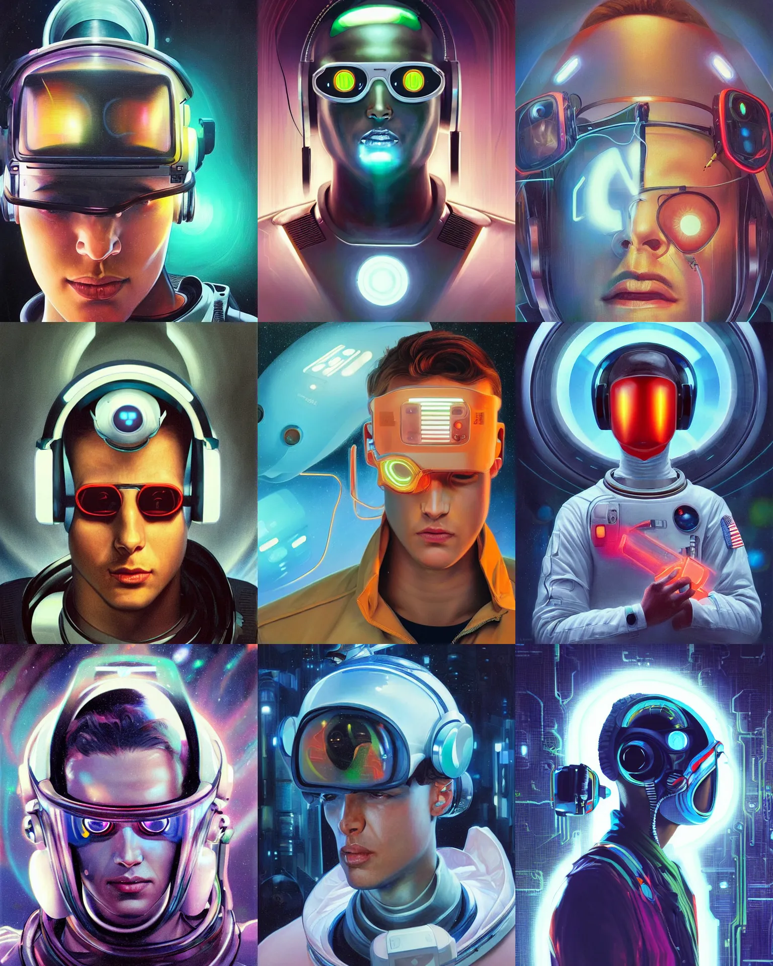 Prompt: future coder man looking on, sleek cyclops display over eyes and sleek bright headphoneset, neon accent lights, desaturated headshot portrait painting by dean cornwall, rhads, john berkey, john james audubon, alex grey, alphonse mucha, donoto giancola, astronaut cyberpunk electric fashion photography