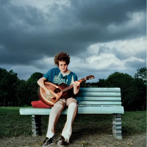 Image similar to 1 9 9 0 s candid 3 5 mm photo of a man sitting on a bench in a park playing guitar, cinematic lighting, cinematic look, golden hour, the clouds are epic and colorful with cinematic rays of light, photographed by petra collins, uhd