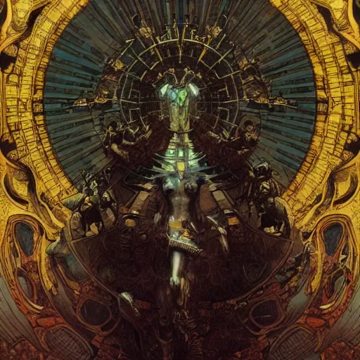 Image similar to gustave dore james gurney greg rutowski yoji shinkawa apophasis shintaro kago apophasis hyperrealism alphonse mucha victo ngai hyperrealism evil satanic shamanic deity combat mech demigod powerful cyborg death god hell hellscape damned souls horrid hyperrealism