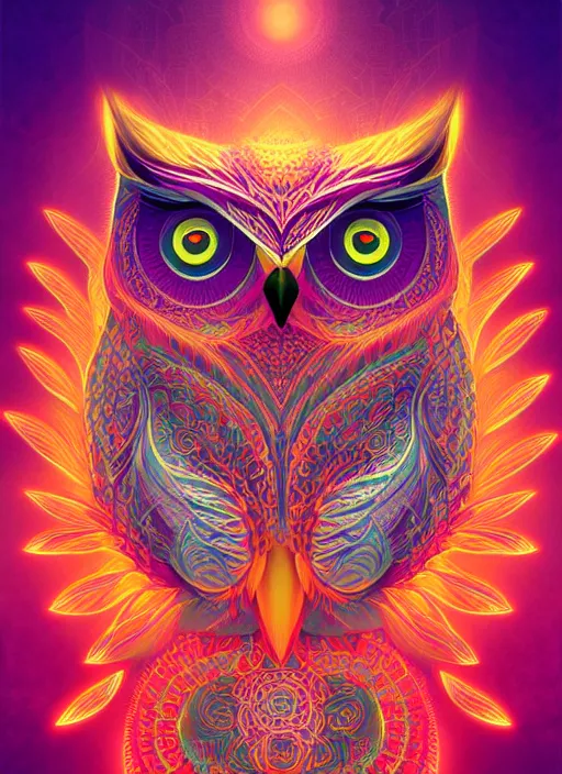 Image similar to symmetry!! product render poster vivid colors divine proportion owl, 神 圣, glowing fog intricate, elegant, highly detailed, digital painting, artstation, concept art, smooth, sharp focus, illustration,