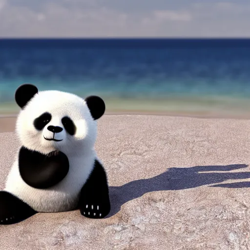 Image similar to 3 d render of a fluffy panda sunbathing on a beach,