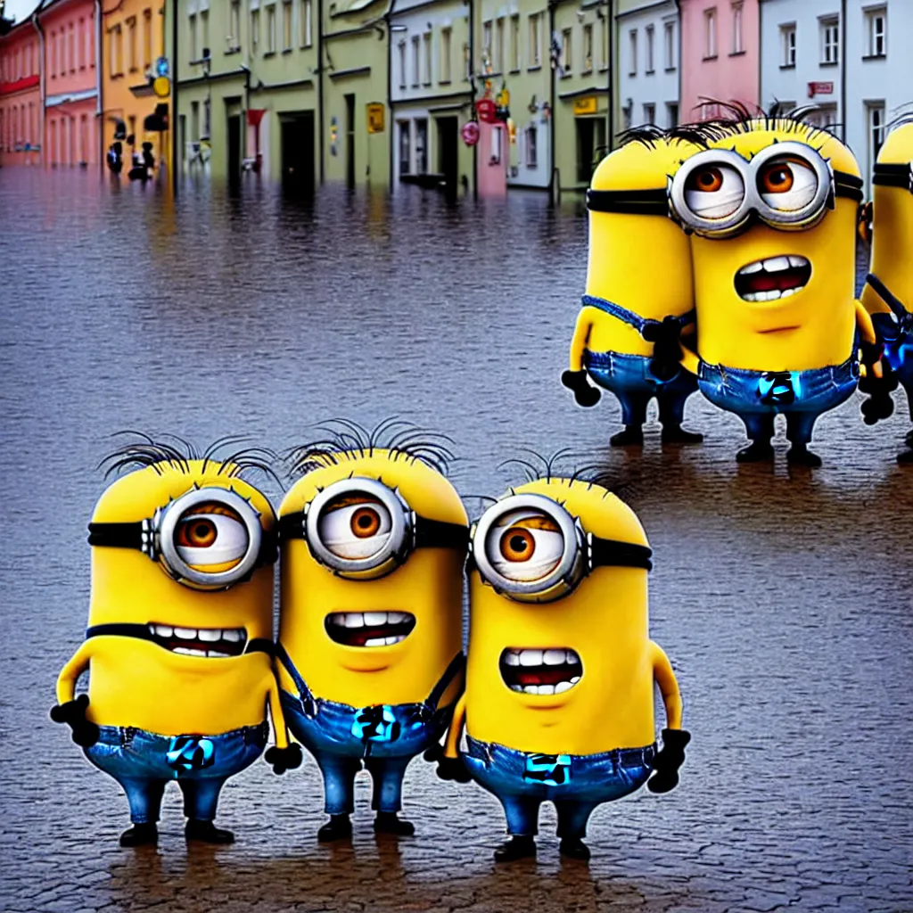 Image similar to minions hanging around in the streets of Tallinn, capital of estonia, while the city is suffering from floods from the sea due to climate change in the year 2100, the citizens of Tallinn are shocked, street photography, ultra detailed, 40mm focal lense, flash at noon, 8k,