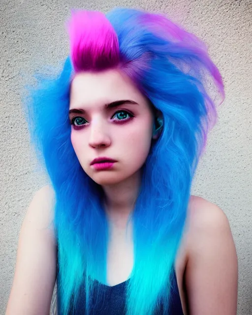 Image similar to a dramatic lighting photo of a beautiful young woman with cotton candy hair. with a little bit of cyan and pink