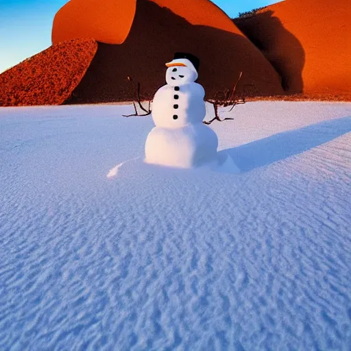 Image similar to there is a snowman made of snow in the desert, he is building a snowman from sand, golden hour, beautiful photography