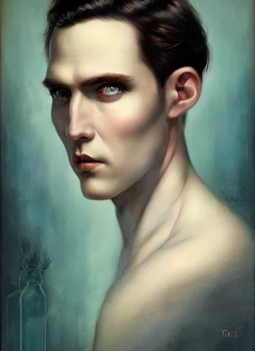 Image similar to a sinister portrait of a man with beautiful blue eyes and short brown hair, art by manuel sanjulian and tom bagshaw