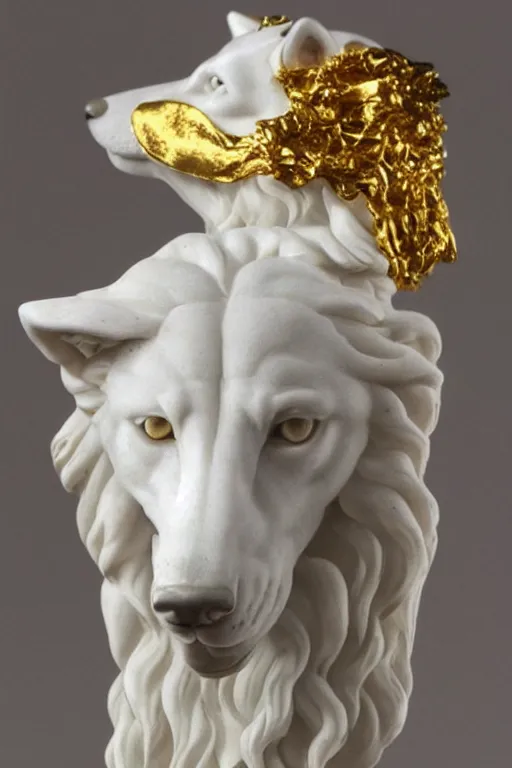 Prompt: a white marble statue of a wolf's head with gold filigree, michelangelo