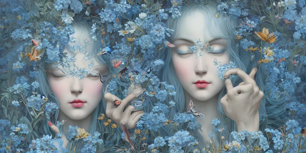 Image similar to breathtaking detailed concept art painting art deco pattern of blonde faces goddesses amalmation light - blue flowers with anxious piercing eyes and blend of flowers and birds, by hsiao - ron cheng and john james audubon, bizarre compositions, exquisite detail, extremely moody lighting, 8 k