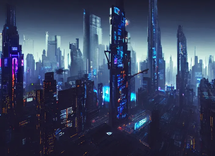 Image similar to cyberpunk scifi scene of new york skyline at night, drones flying, artstation, matt painting, very detailed, maximalism, ambient occlusion, volumetric light, atmospheric haze, unreal engine, hyper realism, realistic shading, cinematic composition, realistic render, octane render, detailed textures, photorealistic, wide shot