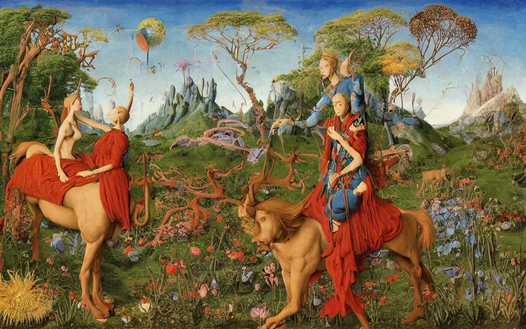 Image similar to a portrait photograph of a meditating elf and a centaur monk riding a rocket machine and hunting at a river delta. surrounded by bulbous flowers and trees. mountain range under a blue sky of fiery stars. by jan van eyck, max ernst, ernst haeckel, ernst fuchs and artgerm, cgsociety, fashion editorial, 8 k