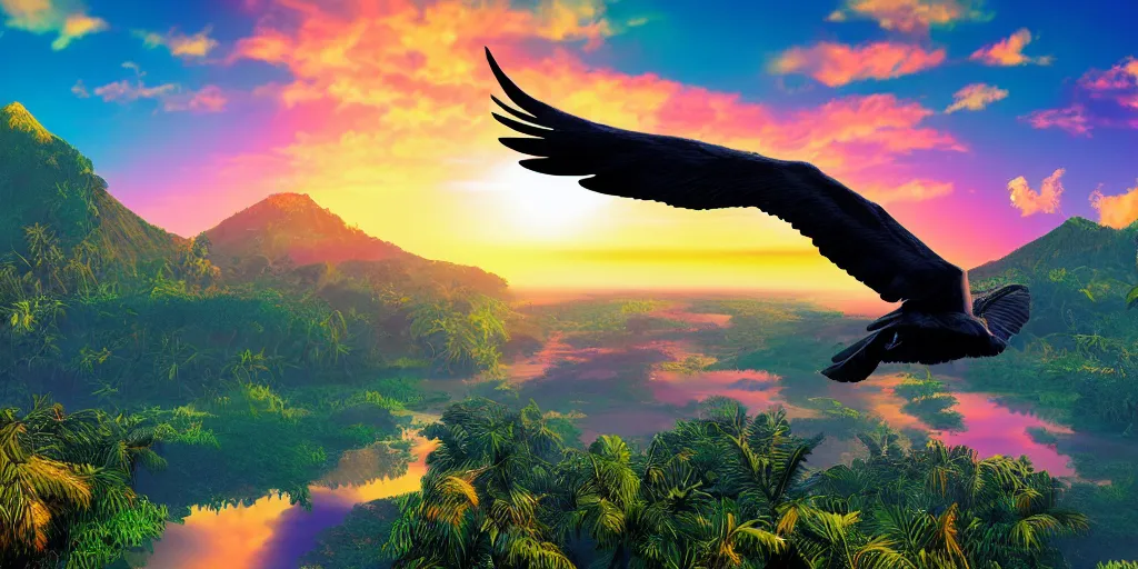 Prompt: large birds with giant wings flying over tropical islands with mountains and sunset sky, HD, 4K, digital art style