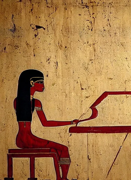 Prompt: ancient egypt painting of girl playing piano, 4 k, high quality, sharp fucos