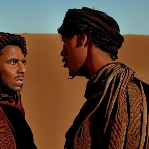 Image similar to a sand wraith talking with a handsome tuareg, movie still amazing